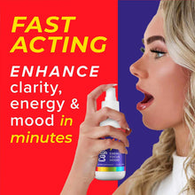 White spray bottle labeled "Energy Focus Mood" with colorful rainbow stripe, held by woman with blonde hair against red and p