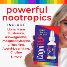 CogniREV 2 oz bottle with spray nozzle held in hand, label showing nootropic supplement formula with energy and focus claims.