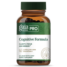 Gaia Herbs Pro Cognitive Formula bottle with green cap containing dark liquid phyto-capsules.