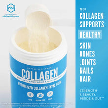 White powder collagen supplement in blue and white container with scoop, labeled with NBI branding and dietary supplement inf