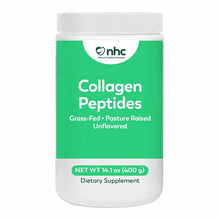 White plastic jar with green label containing Natural Healthy Concepts Collagen Peptides, 14.1 oz, unflavored dietary supplem