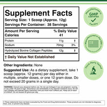 Supplement Facts label for collagen peptides powder showing 12g hydrolyzed bovine collagen per serving with GMP certified and