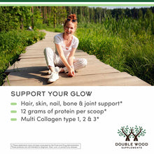 Woman sitting on wooden boardwalk with green marsh landscape, text describing collagen peptides benefits and Double Wood Supp
