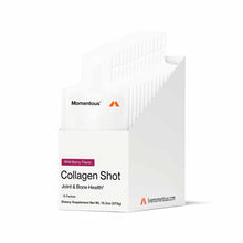 White box containing 15 packets of Momentous Collagen Shot in Wild Berry flavor, labeled for joint and bone health.