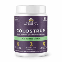 Ancient Nutrition Colostrum powder in Coconut Lime flavor, 60 servings, with grass-fed colostrum and probiotics.