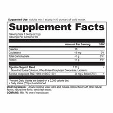 Supplement Facts label for colostrum powder showing serving size, nutritional information, and ingredient details including g