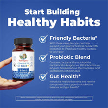 Brown glass bottle of MaryRuth's Complete Gut Health+ capsules held in hand against blue background with product information.
