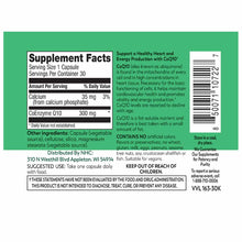 CoQ10 supplement label showing 300mg Coenzyme Q10 per serving with supplement facts, ingredients, and usage instructions on g