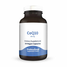 Dark glass bottle with white label showing CoQ10 300mg, 30 vegan capsules, by Professional Supplement Center.