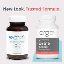 Two CoQ10 100 mg supplement bottles by Allergy Research Group: older brown glass bottle and new white bottle, each containing