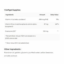 Nutrition label showing CoQ10 100 mg per softgel with Vitamin A and Vitamin E, listing ingredients and daily values.