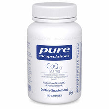 White bottle of Pure Encapsulations CoQ10 120 mg dietary supplement with white cap, containing 120 capsules.