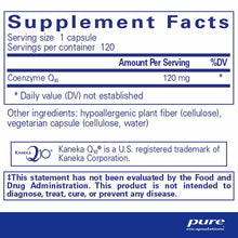 Supplement Facts label for CoQ10 120 mg capsules with 120 servings per container and Pure Encapsulations branding.
