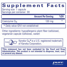 Supplement Facts label for CoQ10 120 mg capsules showing serving size, ingredients, and FDA disclaimer.
