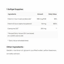 Nutrition label showing CoQ10 200 mg softgel supplement ingredients including Vitamin A, Vitamin E, and other components.
