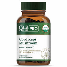 Gaia Herbs Pro Cordyceps Mushroom supplement bottle with green cap, 60 capsules, USDA organic certified.