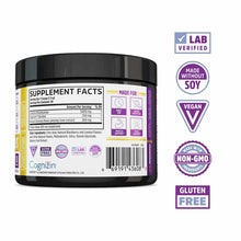 Black container of Zhou Nutrition Creatine Calm + Focus powder with purple and yellow label showing supplement facts and cert
