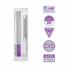 White stick pack with purple text and certification badges including Lab Verified, Made Without Soy, Vegan, Non-GMO, and Glut