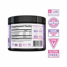 Purple and black creatine powder container with supplement facts label and certification badges for lab verified, non-GMO, ve