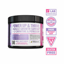 Black container with purple label reading "Power Up & Thrive Muscle Growth Support" with certification badges for Lab Verifie