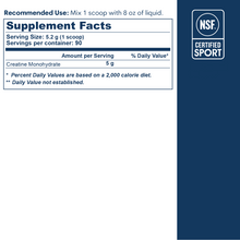 Supplement facts label showing 5g creatine monohydrate per 5.2g serving with NSF Certified Sport badge.