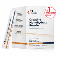 White box of Designs For Health Creatine Monohydrate Powder with individual stick packs displayed to the left.