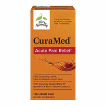 CuraMed Acute Pain Relief by Terry Naturally bottle containing 120 liquid gels with BCM-95 Curcumin and Boswellia extract.
