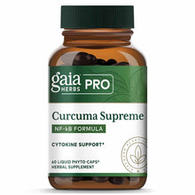 Gaia Herbs Pro Curcuma Supreme NF-kB Formula bottle with green cap containing 60 liquid phyto-caps.