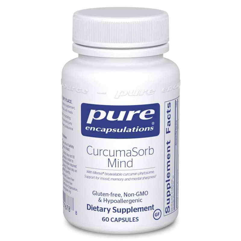 White bottle of Pure Encapsulations CurcumaSorb Mind dietary supplement with white screw cap and blue label, 60 capsules.