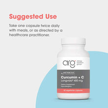 White bottle of Curcumin + C 400 mg supplement by Allergy Research Group containing 60 vegetarian capsules.