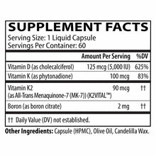 Supplement Facts label for D3 5000 + K1/K2 liquid capsules showing vitamin D, K1, K2, and boron content per serving.