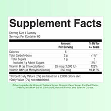 Supplement Facts label for D3+B12 gummy showing serving size, nutritional information, and ingredients on light green backgro