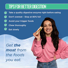 Woman in pink shirt holding sandwich with text about digestion tips on blue background.