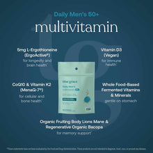 Light green pouch of True Grace Daily Men's 50+ multivitamin with ingredient callouts on dark teal background.
