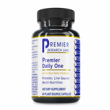 Black bottle of Premier Daily One dietary supplement containing 60 plant-source capsules with white and blue label.