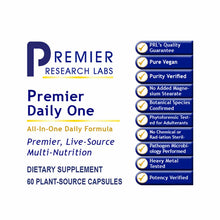 Premier Research Labs Daily One dietary supplement bottle label showing 60 plant-source capsules with quality guarantee badge