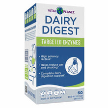 Vital Planet Dairy Digest Targeted Enzymes supplement box with blue and green label, 60 acid-resistant capsules.