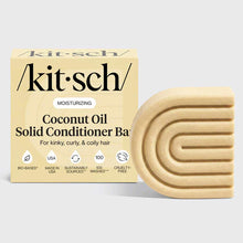 Tan solid conditioner bar next to yellow Kitsch branded box with black text and product information icons.