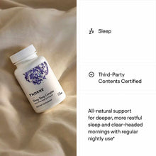 Thorne Deep Sleep Complex white supplement bottle with purple logo on beige fabric background.