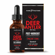 Brown glass dropper bottle with black cap next to black box packaging with red deer antler logo and white text.