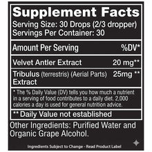 Supplement Facts label showing Velvet Antler Extract and Tribulus Extract with serving size of 30 drops per 1 oz bottle.