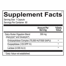 Supplement Facts label showing 60 capsules per container with Dairy-Gluten Digestion Blend containing enzymes and lactase.