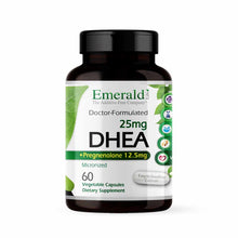 Emerald dark brown bottle containing 60 vegetable capsules of 25mg DHEA with 12.5mg Pregnenolone dietary supplement.