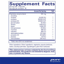 Supplement Facts label for Digestive Enzymes Ultra showing serving size, proprietary enzyme blend ingredients, and FDA discla