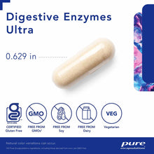 Tan capsule labeled Digestive Enzymes Ultra with certification badges for gluten-free, GMO-free, soy-free, dairy-free, and ve