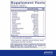 Supplement Facts label showing digestive enzyme blend ingredients, betaine HCl, serving size of 2 capsules, and Pure Encapsul