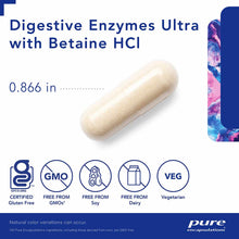 Beige capsule tablet labeled Digestive Enzymes Ultra with Betaine HCl, 0.866 inches, with certification badges below.