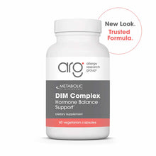 White bottle of ARG DIM Complex dietary supplement containing 60 vegetarian capsules with gray and coral label.