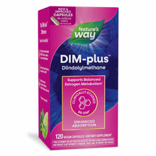 Nature's Way DIM-plus supplement bottle with 120 vegan capsules in pink and blue packaging.