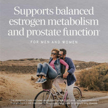 Two people riding a bicycle on a desert path with product benefits text overlaid.